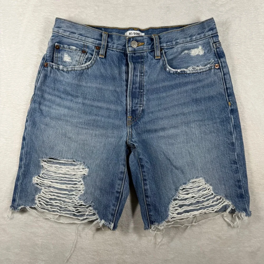 RE/DONE Loose Long Short Minerva Destroy Distressed High Rise Denim Shorts 26